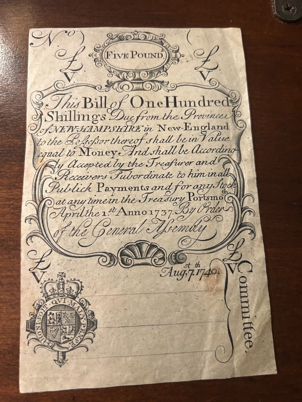 Reproduction 1737 New Hampshire Five Pound Colonial Currency Note 1740 Display