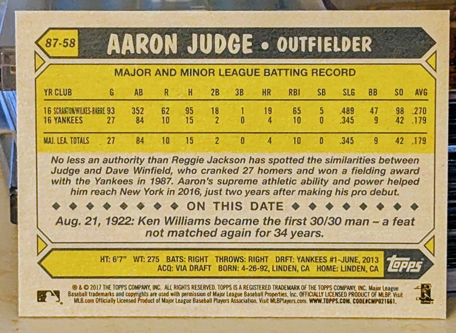 2017 Topps 1987 Topps Baseball 30th Anniversary Rookie #87-58 Aaron Judge RC 💥 view 2