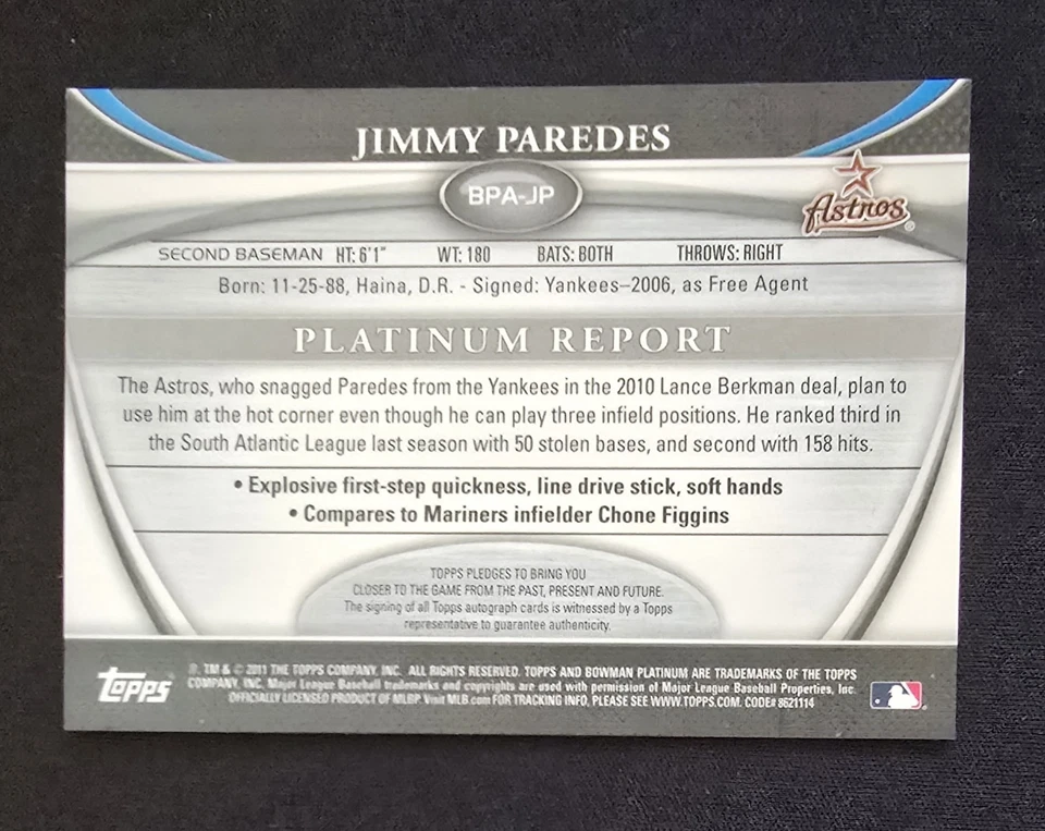 2011 Bowman Platinum Prospect Auto Jimmy Paredes BPA-JP Rookie Auto RC FREE SHIP - Image 2 of 2