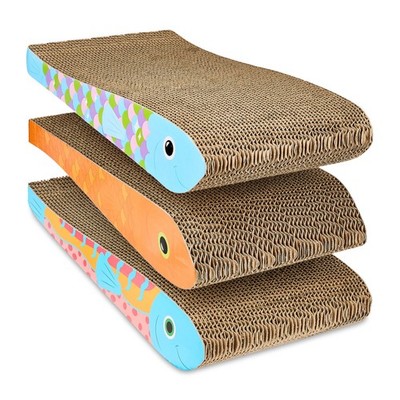 Fish Shaped Durable Cardboard Cat Scratching Pad Multicolored 3 Pack