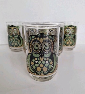 Vintage Libbey Stained Glass Owl Family Textured, Embosed Design Lot of 6
