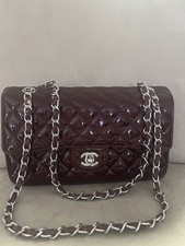 Authentic Chanel Medium Classic Double Flap in Patent Leather Burgundy