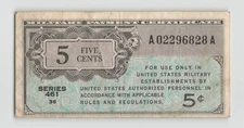 USA MPC 5 Cents Series 461, 1946-1947, Block 36 A02296828A, Original VF, #801