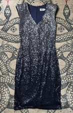 ELIZA J Navy Silver Sequin Ombre Sleeveless Dress Sz 10 V Neck Sheath Cocktail