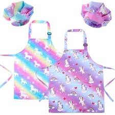 2 Pack Kids Apron and Chef Hat Adjustable Kitchen Cooking Aprons Rainbow