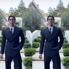 Navy Men's Suits Double-Breasted Peak Lapel Wedding Blazer for Groom Fit 2 Piece