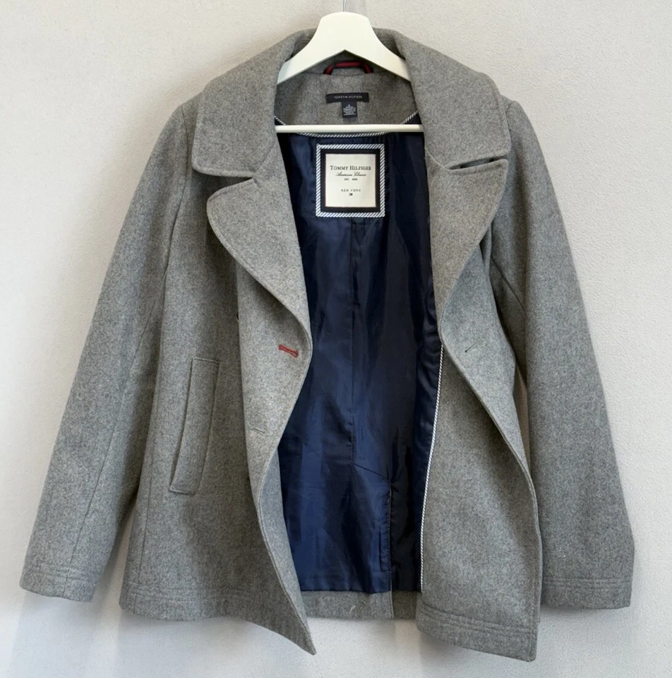 Tommy Hilfiger Mujer Talla 8 Gris Mezcla Lana Chaqueta 3 Botones Guisante Abrigo Foto 2 de 4
