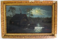 ANTIQUE OIL PAINTING WOOD PANEL SIGNED FRANK SAWYER OLD BRITISH  FOLK ART MILL
