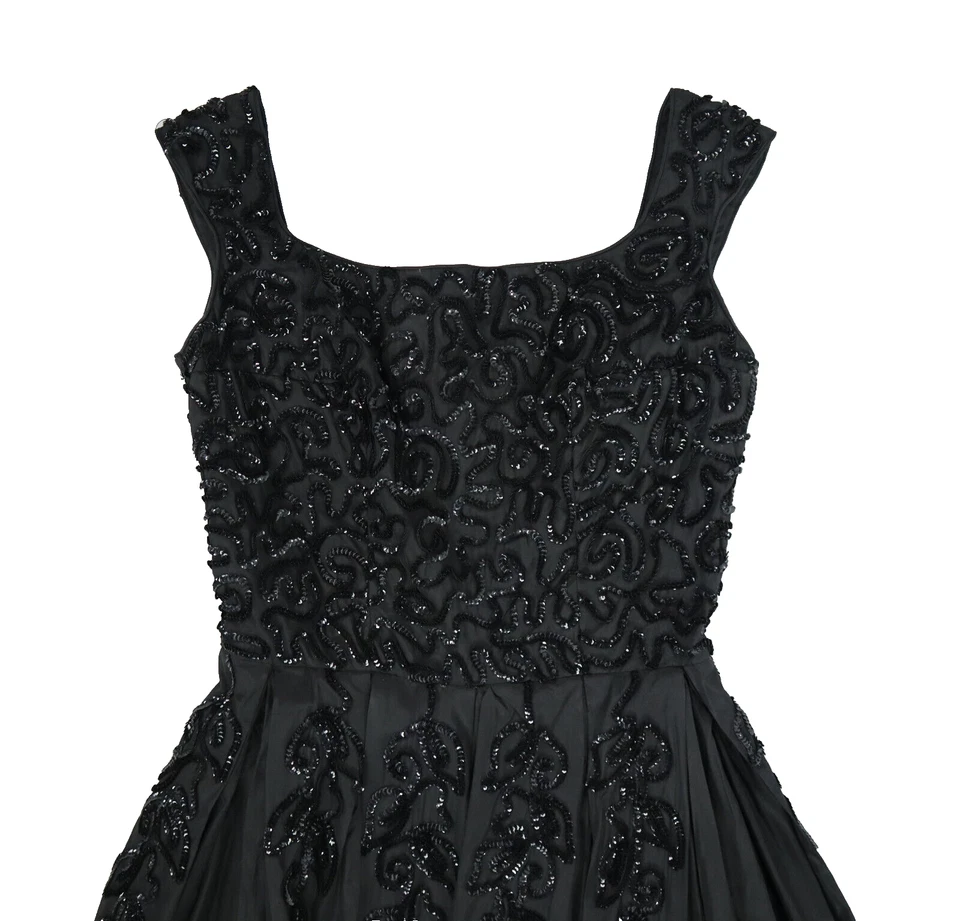 Vestido de fiesta midi vintage años 50 EMMA DOMB EE. UU. XS 2 negro con lentejuelas de tafetán Foto 4 de 4