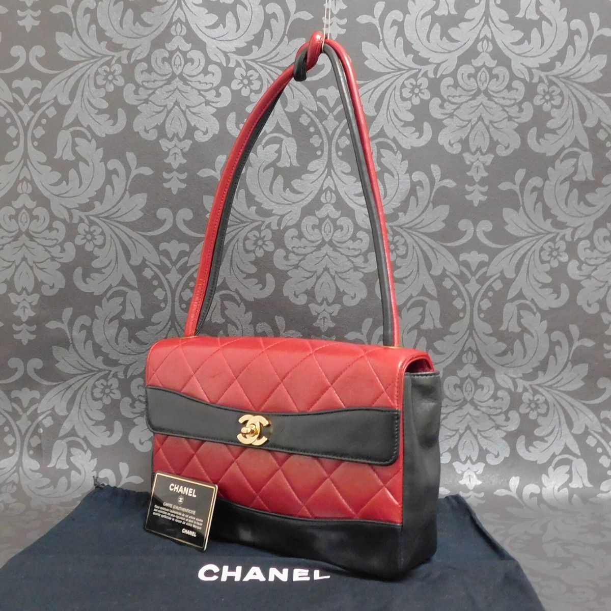 CHANEL Matelasse Lamb Skin Leather Red Turn Lock Shoulder Bag