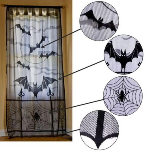 Halloween Lace Window Curtain 40 x 82in Black Spider Web Curtains Black classic - Bild 5 von 6
