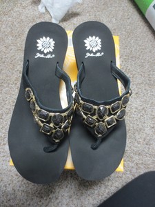 yellow box gold flip flops
