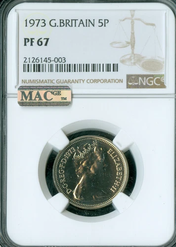1973 GREAT BRITAIN 5 PENCE NGC PF67  MAC SPOTLESS .