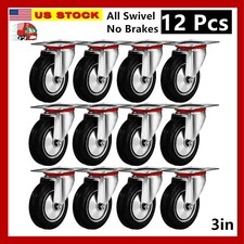 12 Pack 3" Swivel Caster Wheels Rubber Base With Top Plate & Bearing Heavy Duty