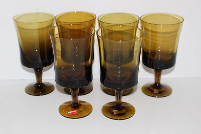 6 VINTAGE DENBY ARABESQUE BROWN/AMBER GLASS 6.5'' WATER GOBLETS-MILNOR SWEDEN