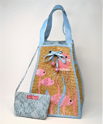 Tall Embellished Ipa Nima Straw Bag Coral Fish Octopus Pink Blue Sequins Beads