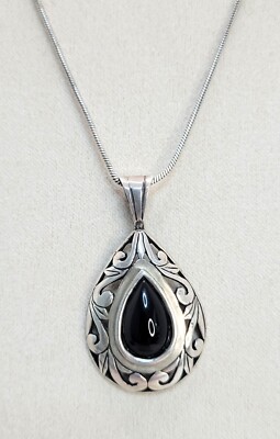 Nachlass Jelaine schwarzer Onyx Anhänger Halskette 925 Sterling Silber 24'' 1 mm signiert