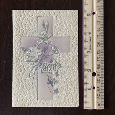 VINTAGE GORGEOUS 2-SIDED UNUSED EASTER GREETINGS CARD, ''HE IS RISEN'' CROSS
