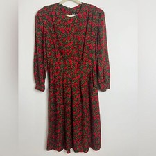 Vintage Breli Originals Women's 16 Hunter Green Red Floral Prairie Midi Dress