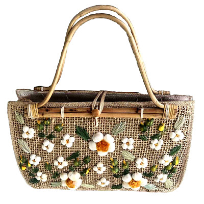 Hand Bag Purse Straw Rattan 3D Woven Floral Tote Cabana Women Colorful Vintage