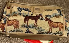 Weekender Bag Duffle Tapestry Horses Leather Trim Vintage 18 X 10 VTG DUFFLE