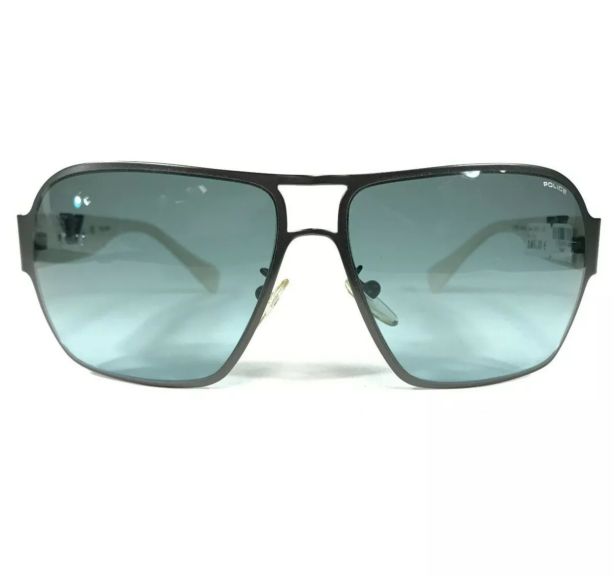 Police Sunglasses S8753 Gray White Square Aviators with Blue Lenses  61-14-130