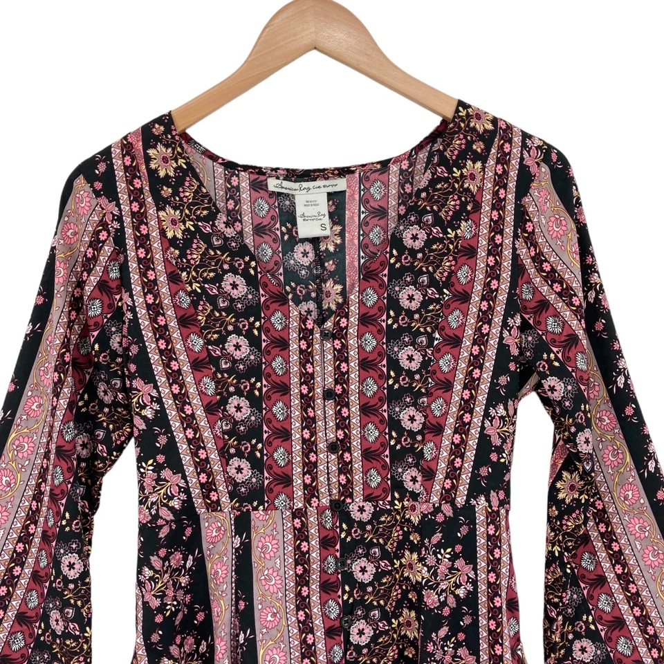 American Rag Cie Fit & Flare Dress Womens Small Multi Floral V Neck Button Front - Image 3 of 4