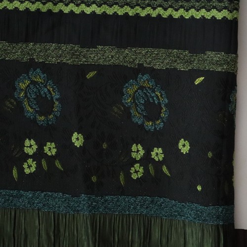 Vintage Luxury Artistic Silky Fabric Black, Green, Blue Emb Pleated Floral 1 yds - Picture 6 of 11