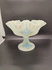 Vtg Fenton Compote Blue Satin Hand Painted Flower Roses Ruffled Glass Signed