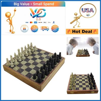 India Handmade Marble Chess Set 8x8 Inch Carved Stone Board & Pieces