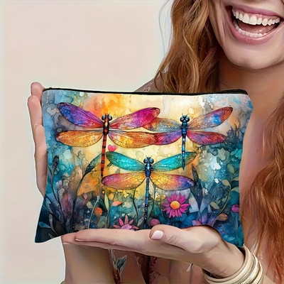 Vibrant Floral & Dragonfly Summer and Spring Makeup Bag - Double-Sided Printed