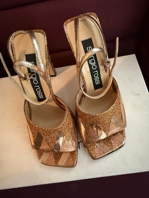 SERGIO ROSSI Gold Glitter Geometric Leather Block Platform Ankle Strap EU 36