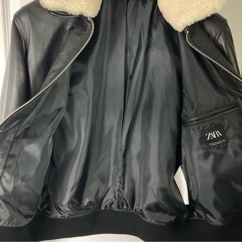 NWT ZARA Lamb Leather Bomber Jacket Mens XL Black Sherpa-Collar-Removable Zip image 10