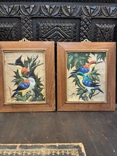 Rare Oil Painting On Tobacco Leaves By GRIS Depicting Tropical Birds & Foliage