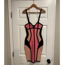 House of CB Juno Colorblock Bandage Dress - Pink Peach Black - Size S