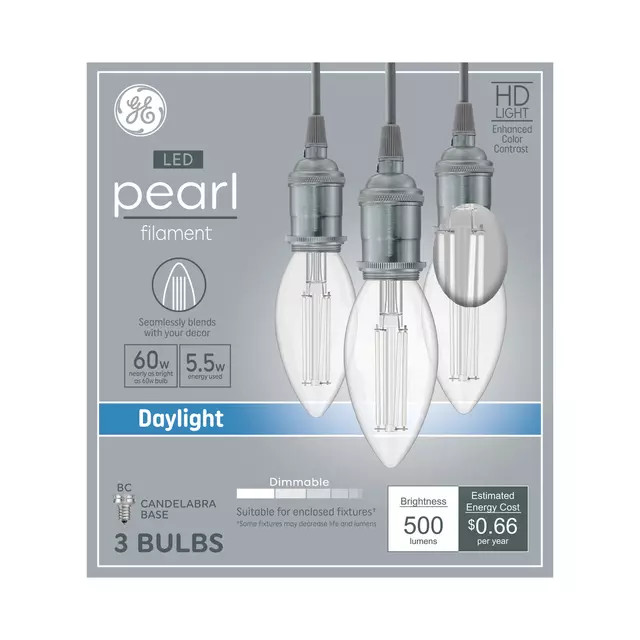 GE Pearl 60w Filament LED 5.5w Bulbs BC Candelabra Base Daylight Dimmable 3 Pack