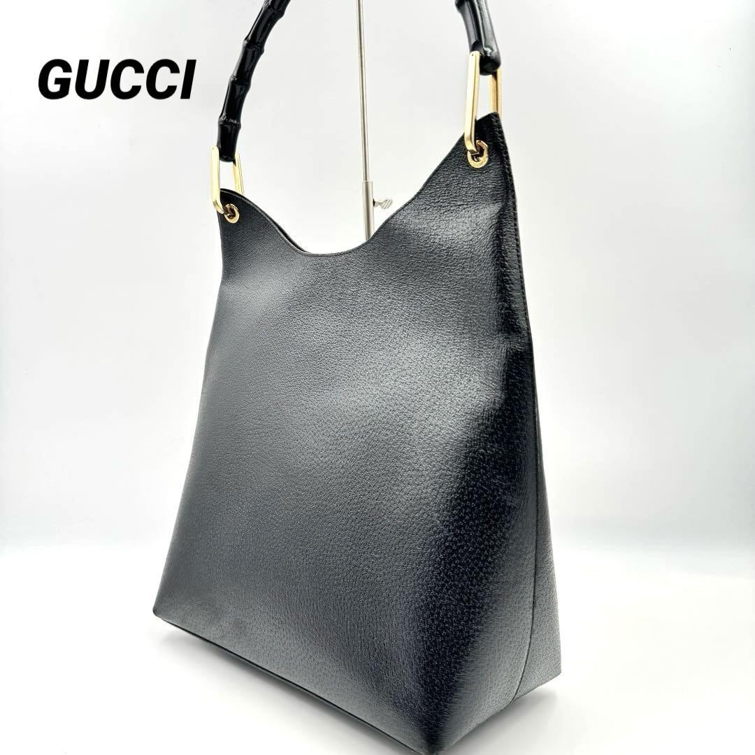 Gucci Black Leather Bamboo Handbag with Pouch