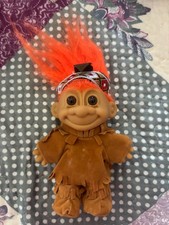 Russ Native American Indian Troll Doll, orange hair, headdress, loincloth-Wigwam