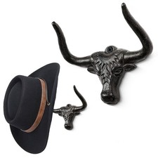 Cowboy Hat Holder for Wall Cowboy Hat Hook 2 Pack Bull Head Metal Hat Rack Ca...