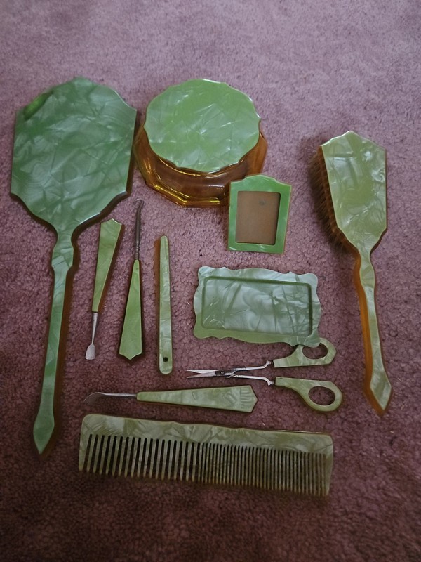 Vintage 11 Piece CELLULOID VANITY SET Green Pearlized Jar Brush Comb Hook File +