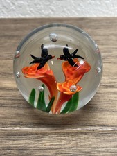 VINTAGE Handmade Paperweight Crystal Ball Flowers Birds Glass Orb Globe JD