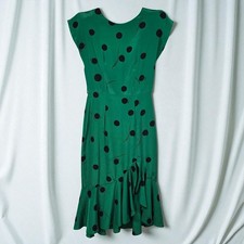 Vintage Green Polka Dot Dress Ruffle Hem Button Back Midi Party Career Women 5