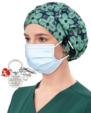 Satin Lined Bouffant Scrub Nurse Cap 4 Buttons Sweatband Adjustable Women Hat