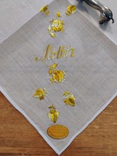 Vgt Gold Embroidery MOTHER White Batiste Original Sticker Hankie Handkerchief