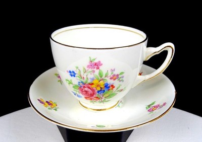 ADDERLEY ENGLAND FLORAL AND GOLD RIM 2 5/8'' FOOTED CUP AND SAUCER SET