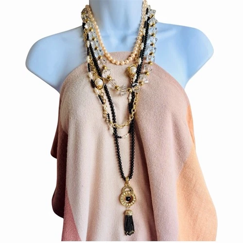 New ListingVintage Necklace Lot Curated Styled Costume-Couture Retro Jewelry Gold-Tone Mod