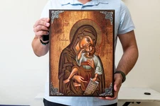 Virgin Mary Tenderness Large Wood Icon –Byzantine Christian Handmade from Greece