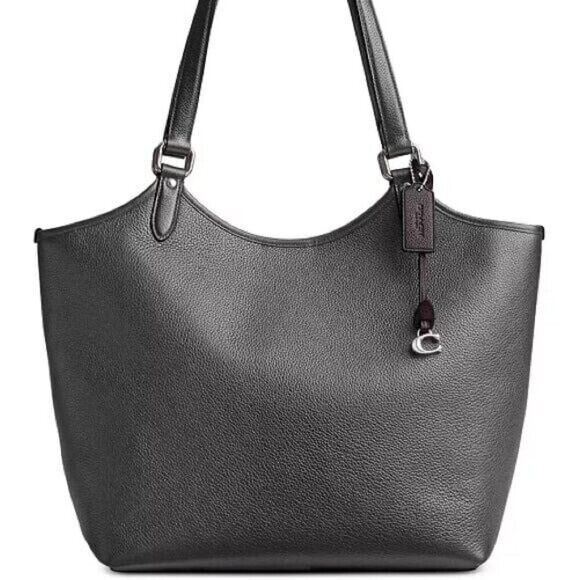 COACH Metallic Pebble Leather Medium Tote, purse,handbag, women’s bag gunmetal