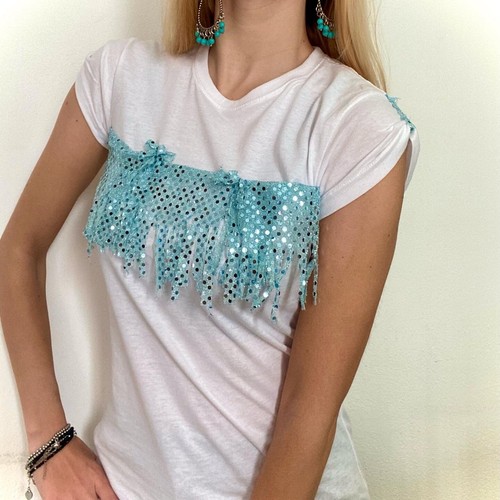 T-shirt Donna Frange Paillettes Maglia Cotone | eBay