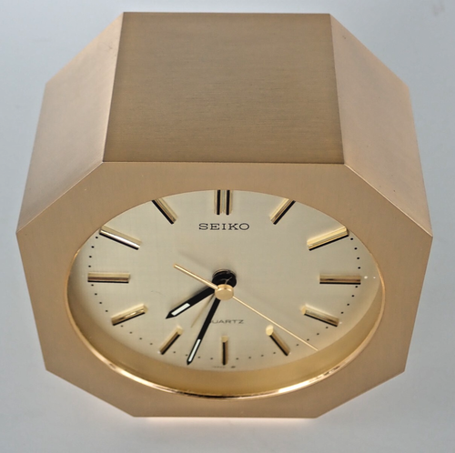 VINTAGE Seiko JAPAN OCTAGONAL METAL brushed gold tone ALARM QUARTZ Clock - Picture 4 of 14